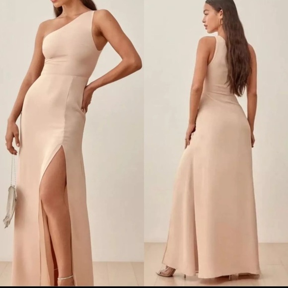 Reformation Evelyn One Shoulder Slit Maxi Dress Gown in Champagne Size 2 NWT - Picture 2 of 9